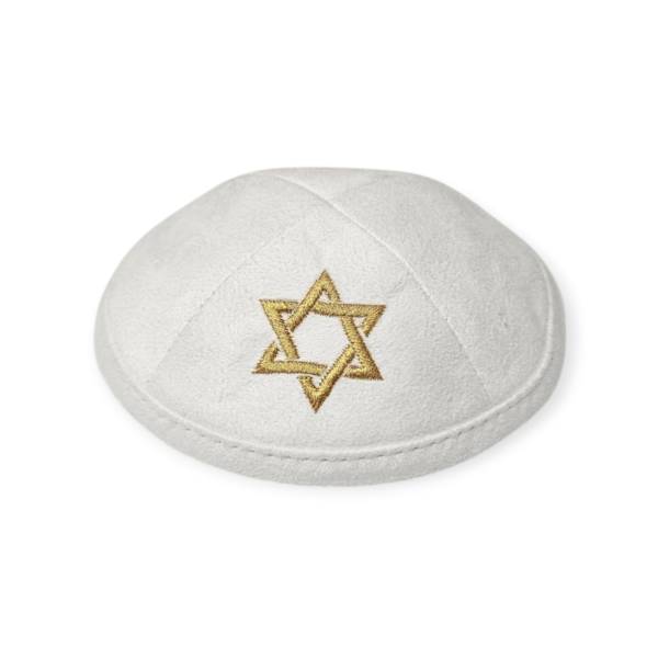 כיפה קטיפה לבנה ילדים עם רקמת מגן דוד בזהב 14 ס"מ